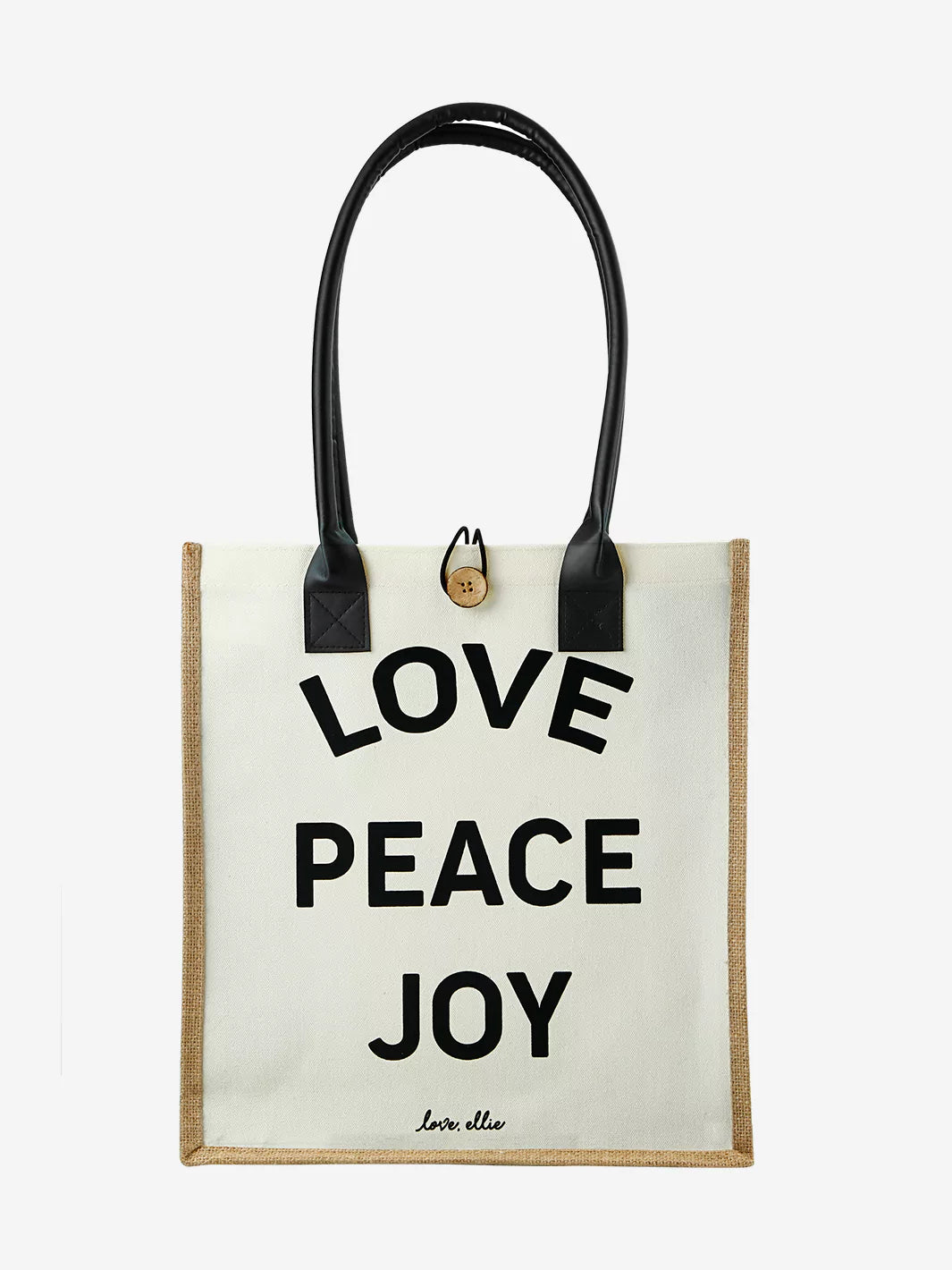 Front view design of market tote bag love peace joy