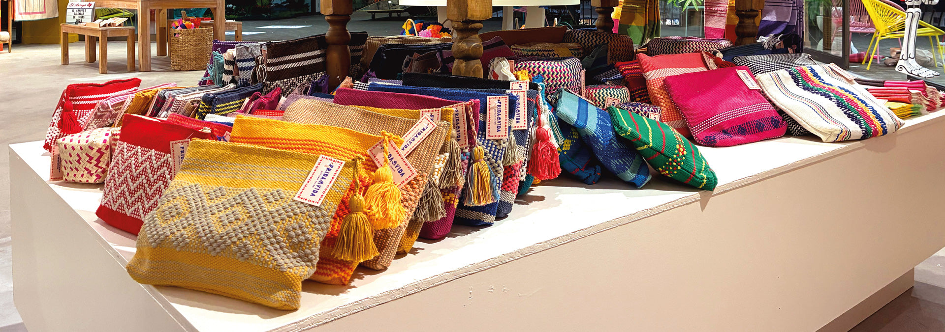 Colorful bags on display in a store