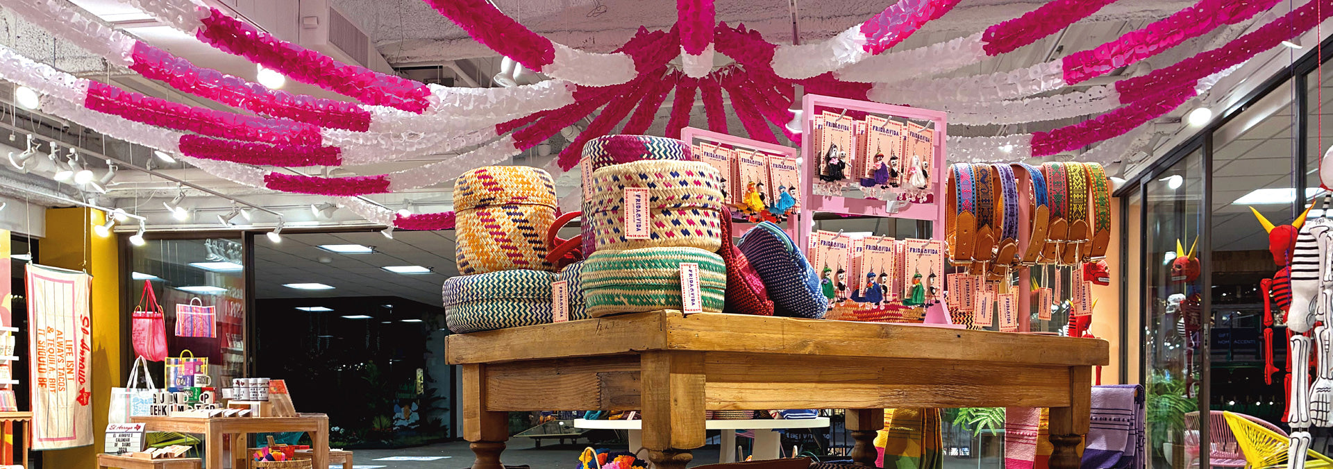 Interior of a store with colorful decorations and furniture