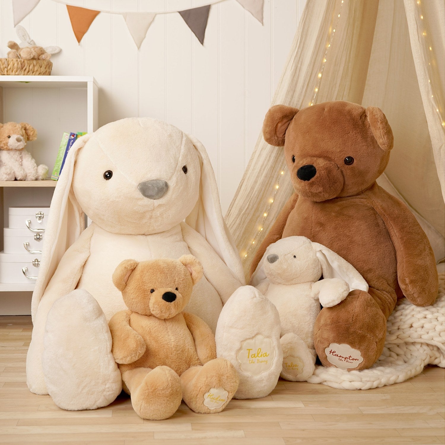 The Softies plush bunnies and bears in a nursery