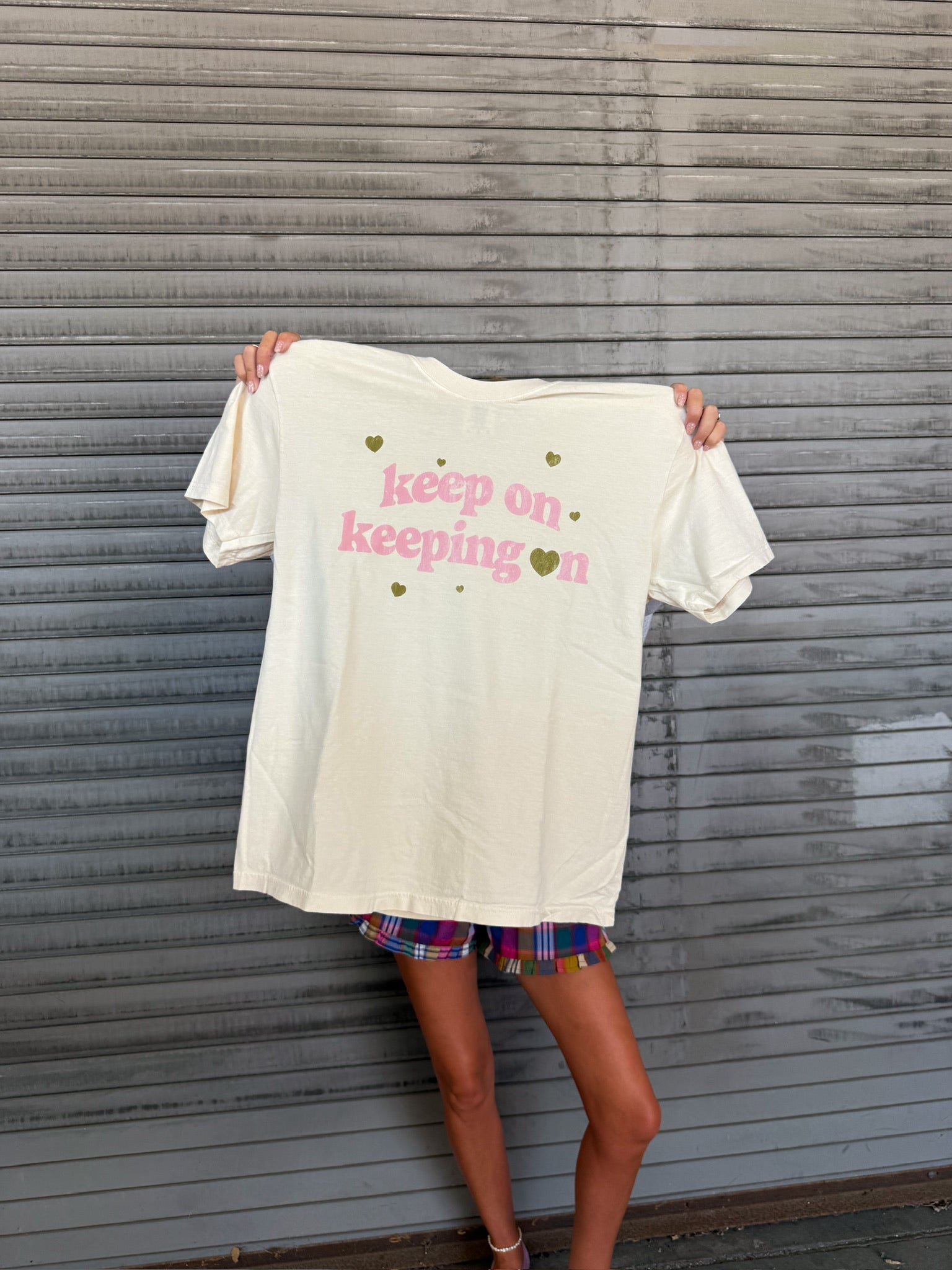 Keep On Keeping On Tee - Ivory (Pink/Green)
