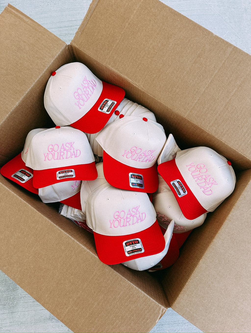 Go Ask Your Dad Trucker Hat - Cream / Red / Pink