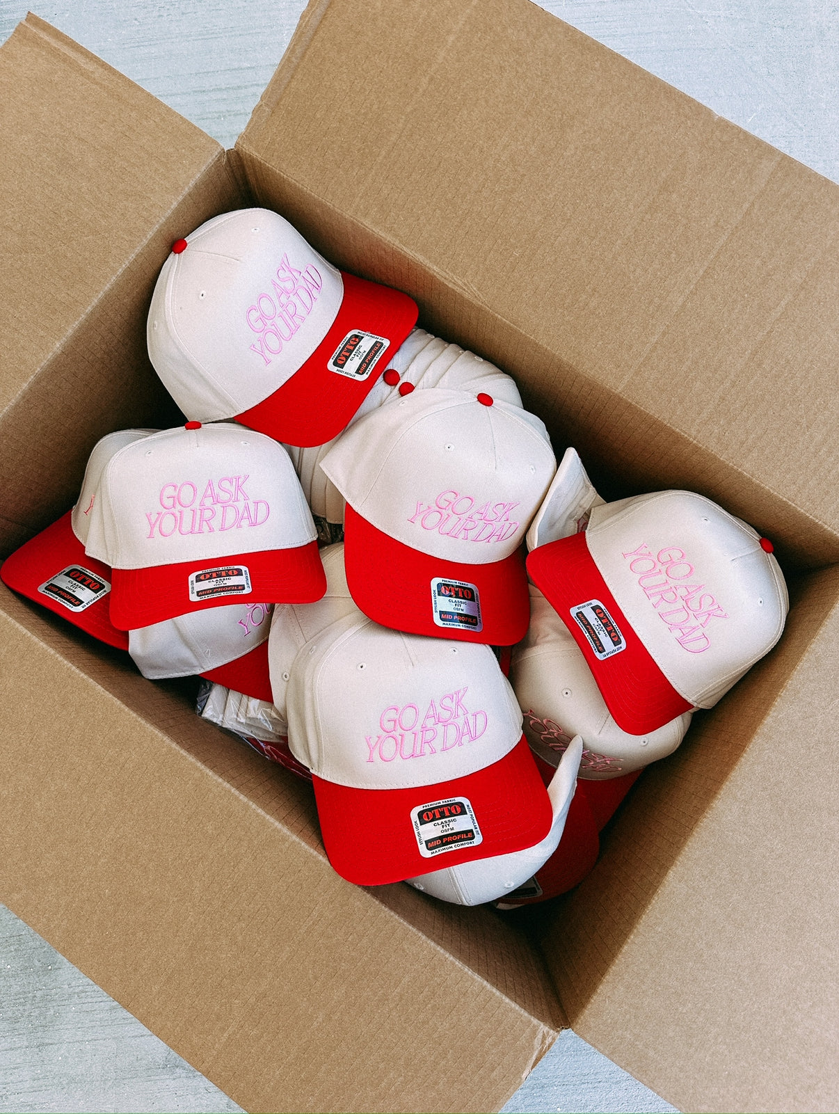 Go Ask Your Dad Trucker Hat - Cream / Red / Pink