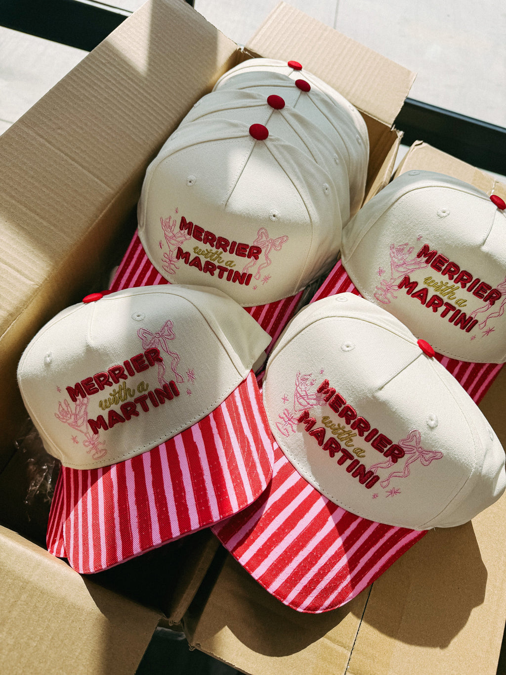 Merrier With A Martini Trucker Hat - Cream / Red / Pink