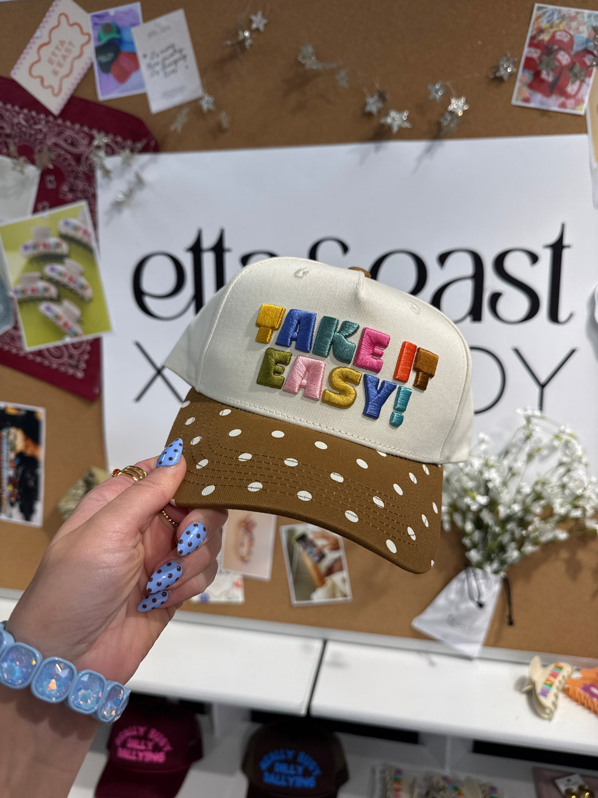Take it Easy Trucker Hat - Rainbow / Brown Polka Dot