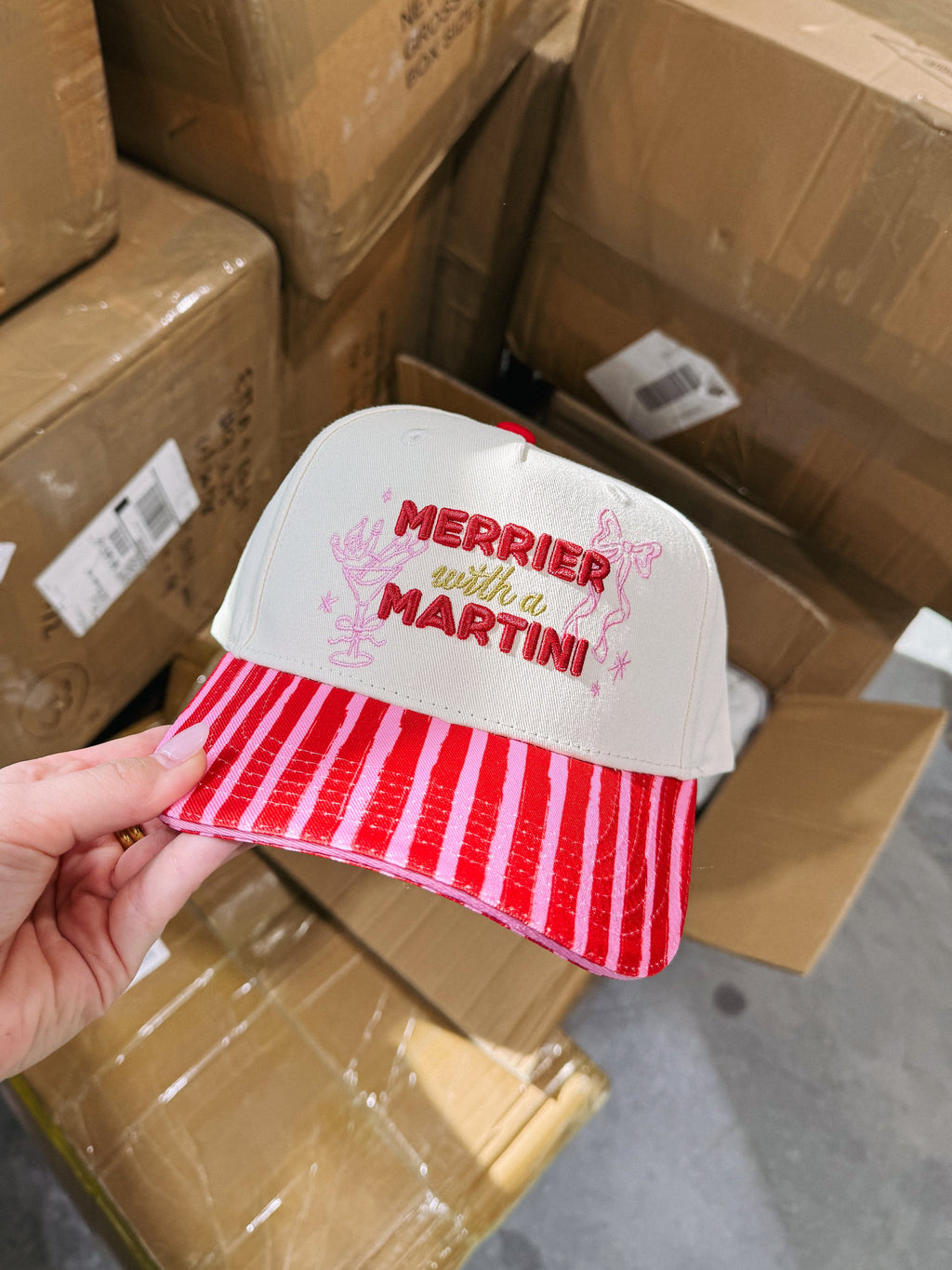 Merrier With A Martini Trucker Hat - Cream / Red / Pink