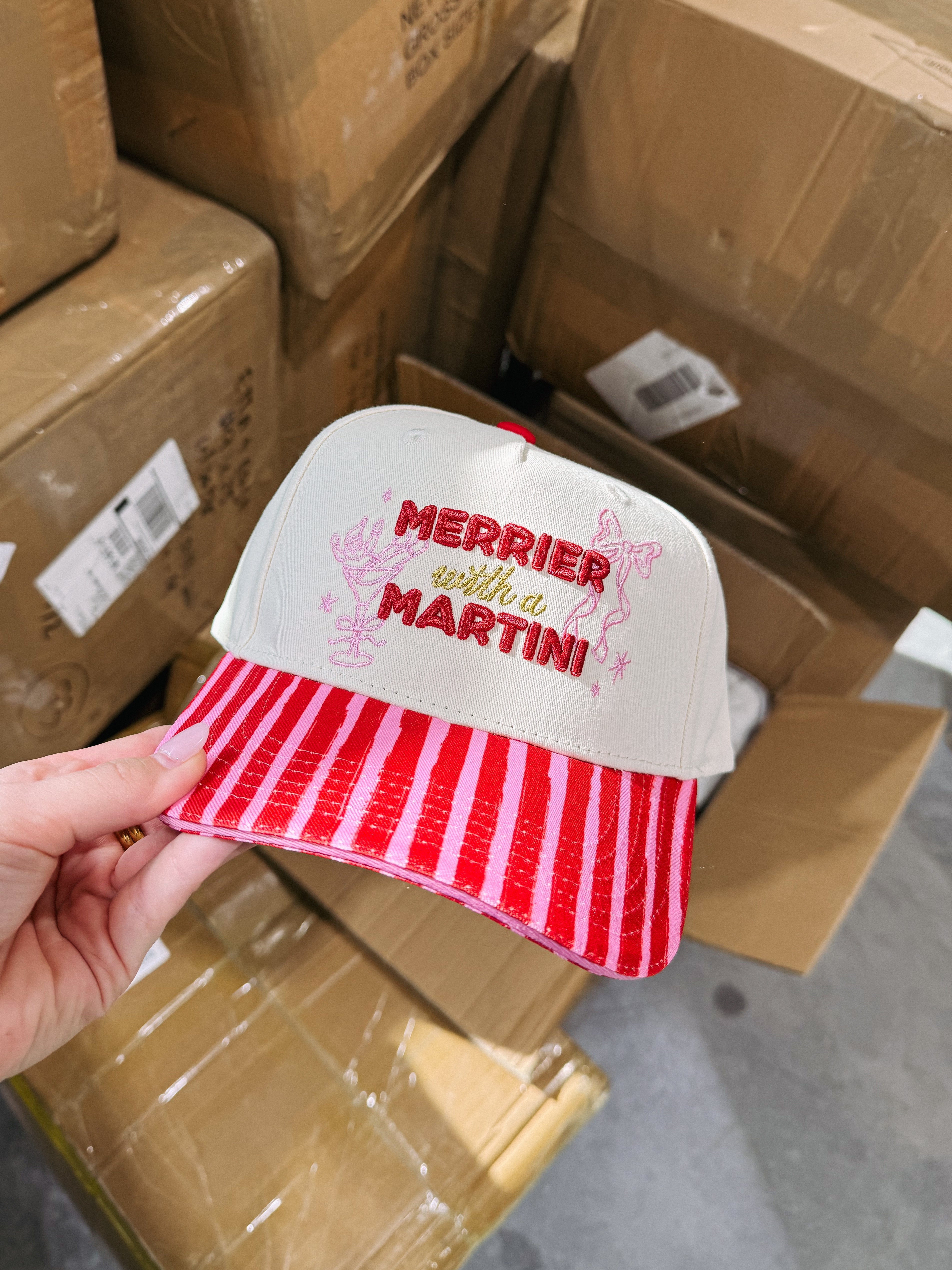 Merrier With A Martini Trucker Hat - Cream / Red / Pink