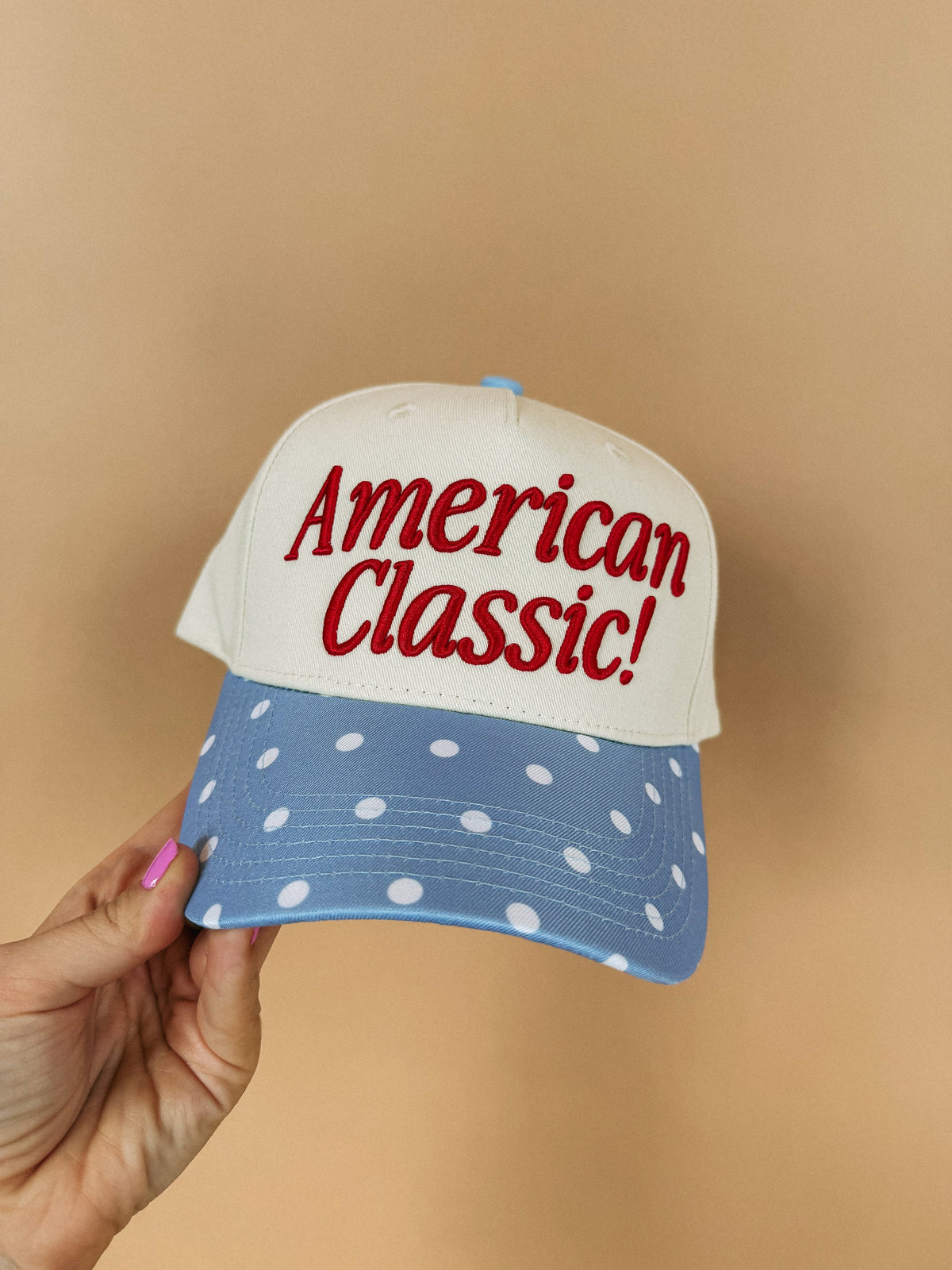 American Classic Trucker Hat - Cream / Blue Polka Dot