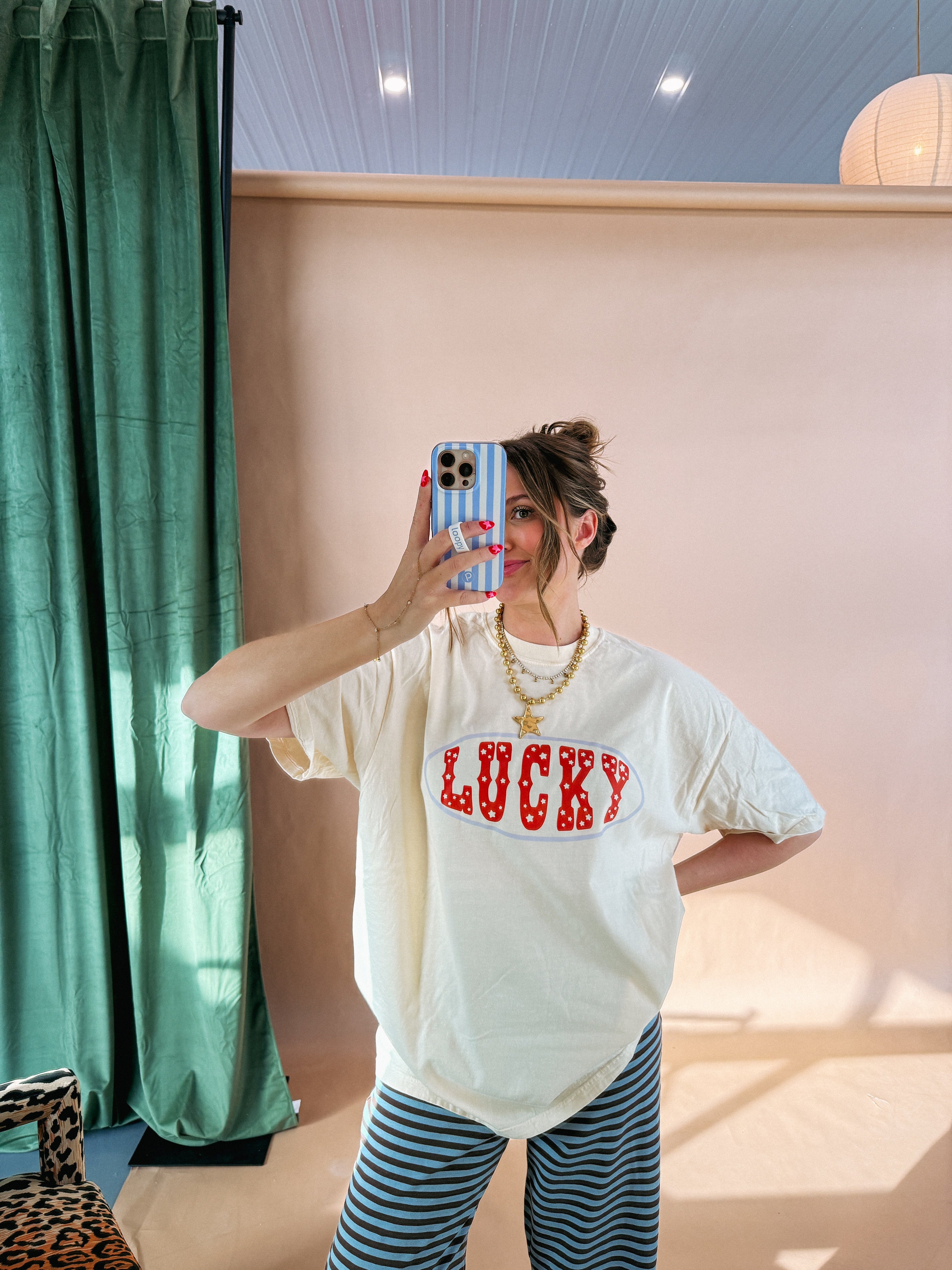 Star Studded Lucky Graphic Tee - Ivory / Red