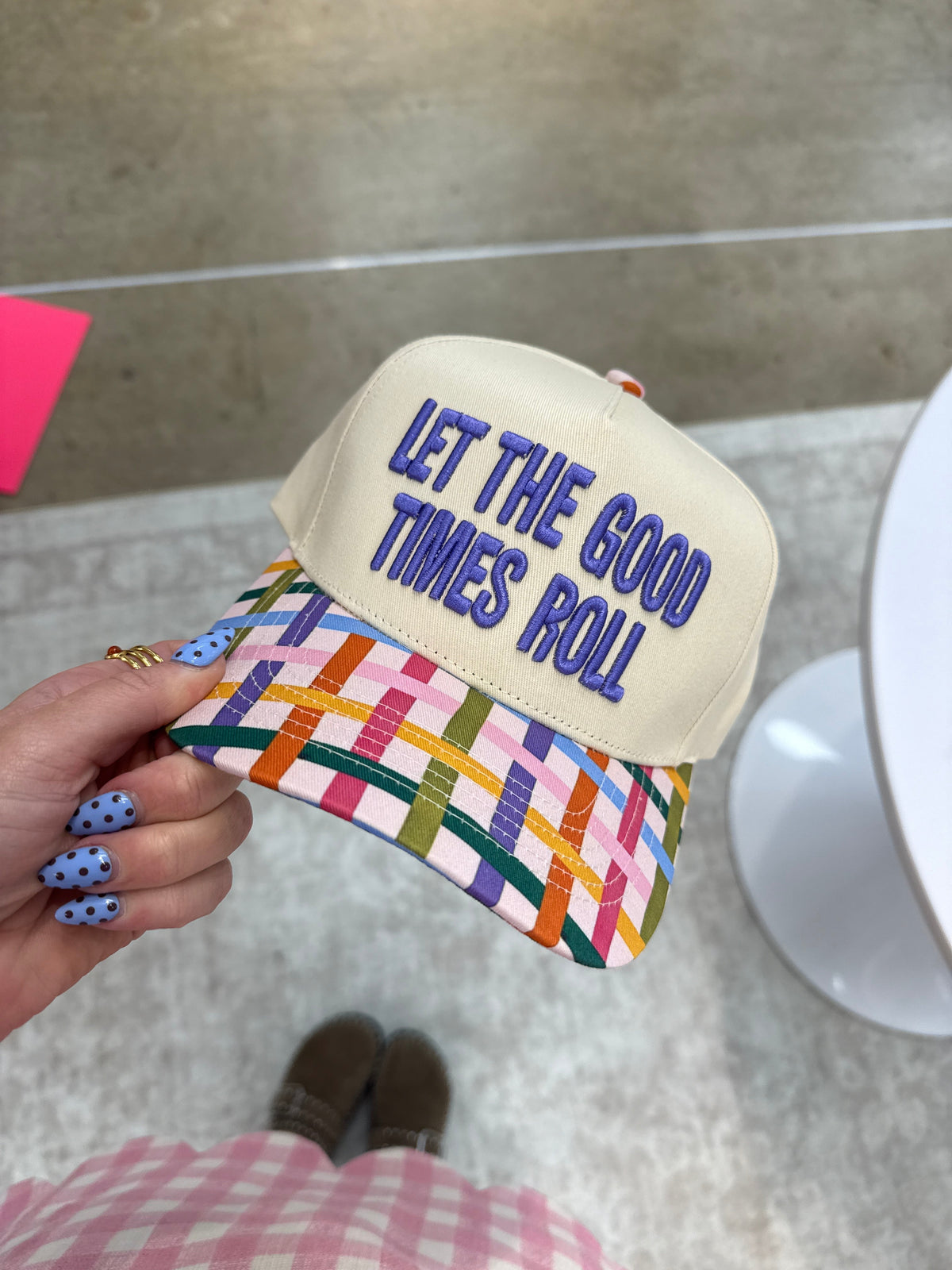 Let the Good Times Roll Trucker Hat - Cream / Purple