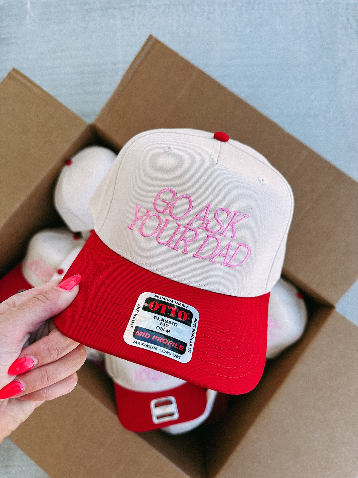 Go Ask Your Dad Trucker Hat - Cream / Red / Pink