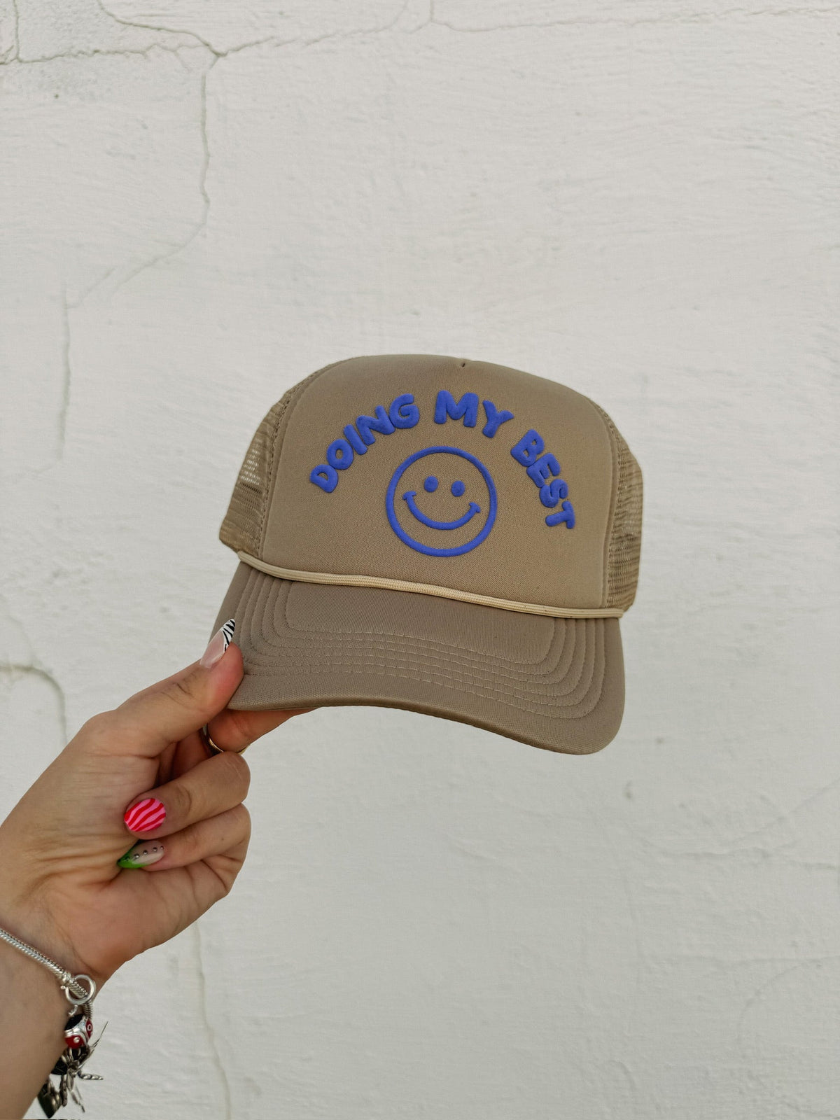 Doing My Best Trucker Hat - Tan / Periwinkle