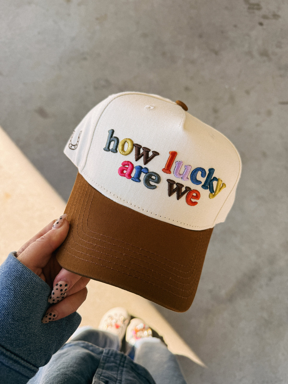 How Lucky Are We Trucker Hat - Cream / Brown