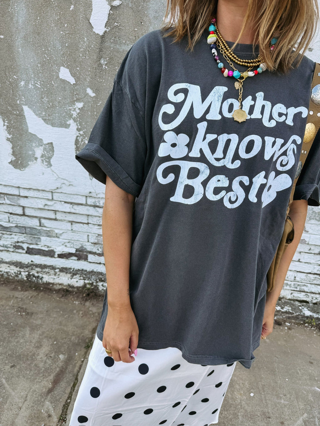 Mother Knows Best Graphic Tee - Charcoal / White
