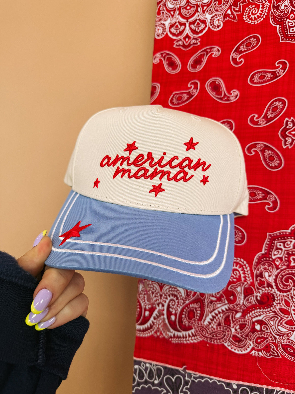 American Mama Trucker Hat - Cream / Blue