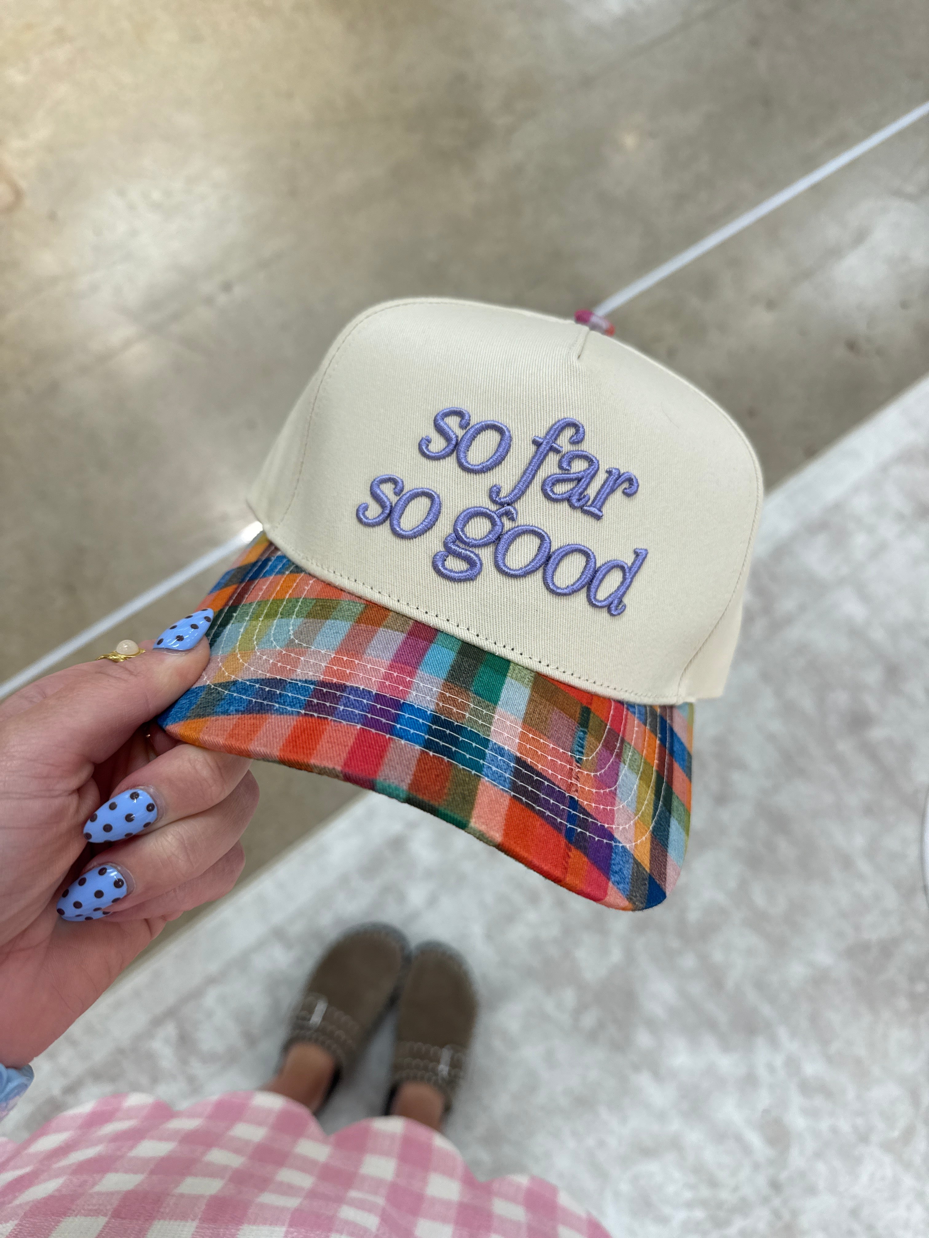 So Far So Good Trucker Hat - Plaid