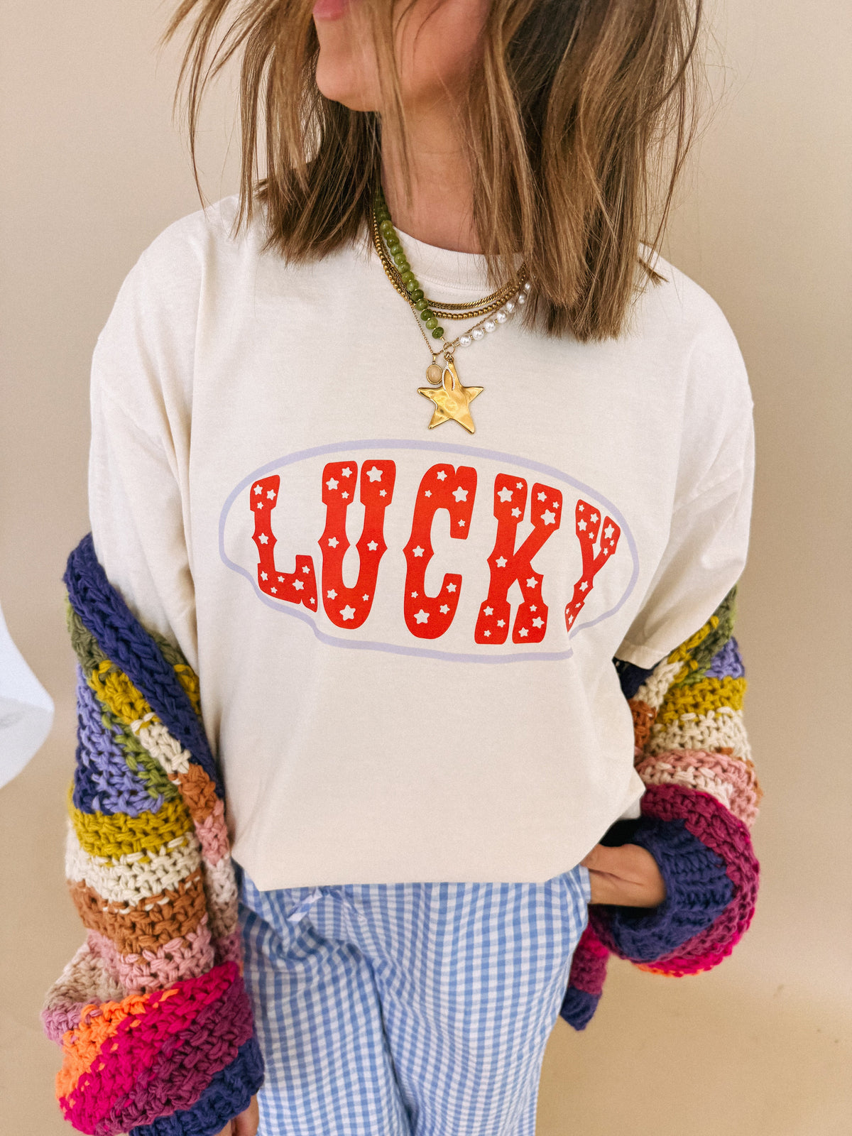 Star Studded Lucky Graphic Tee - Ivory / Red