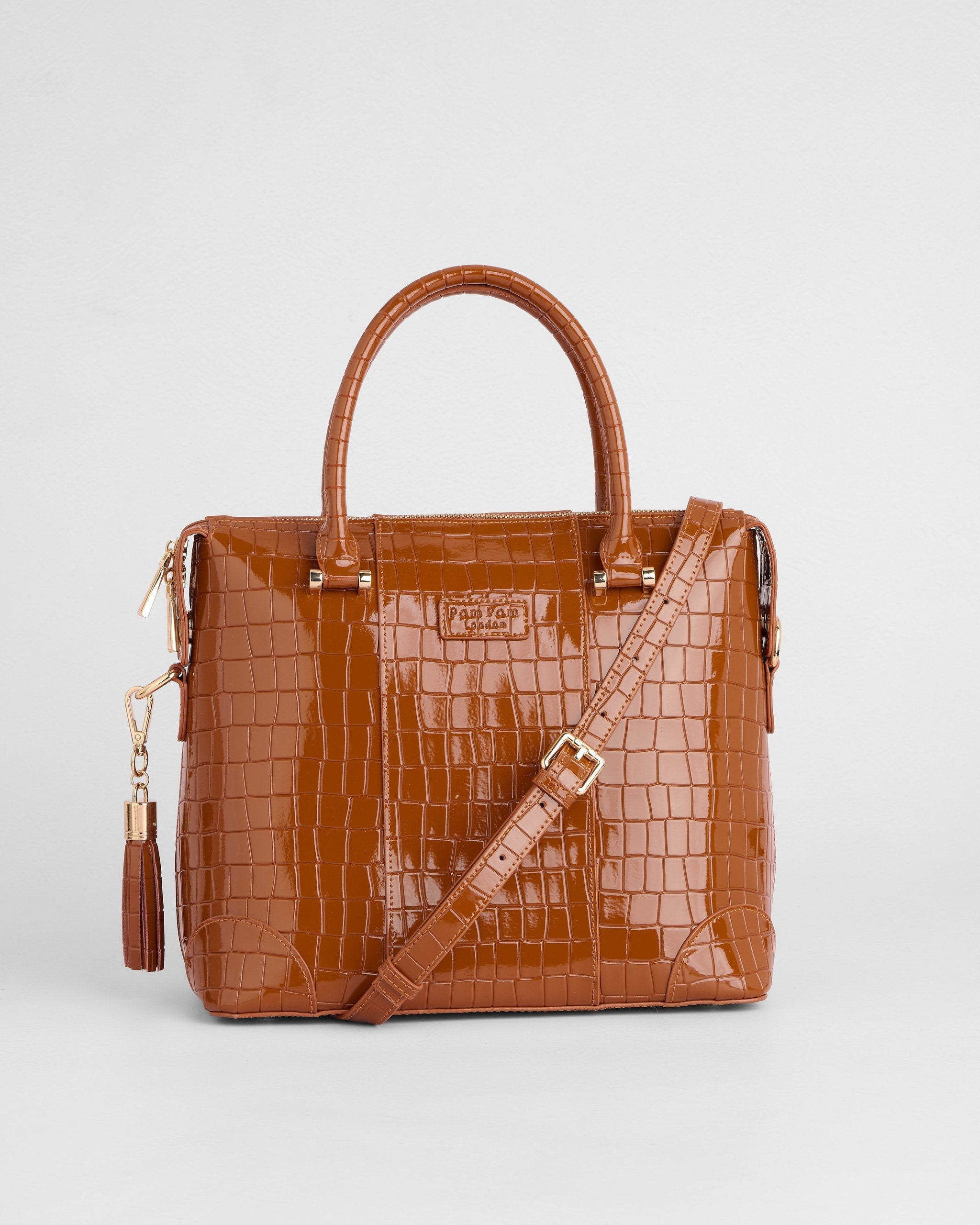 Pom Pom London Greenwich Bag Croc Patent Chestnut