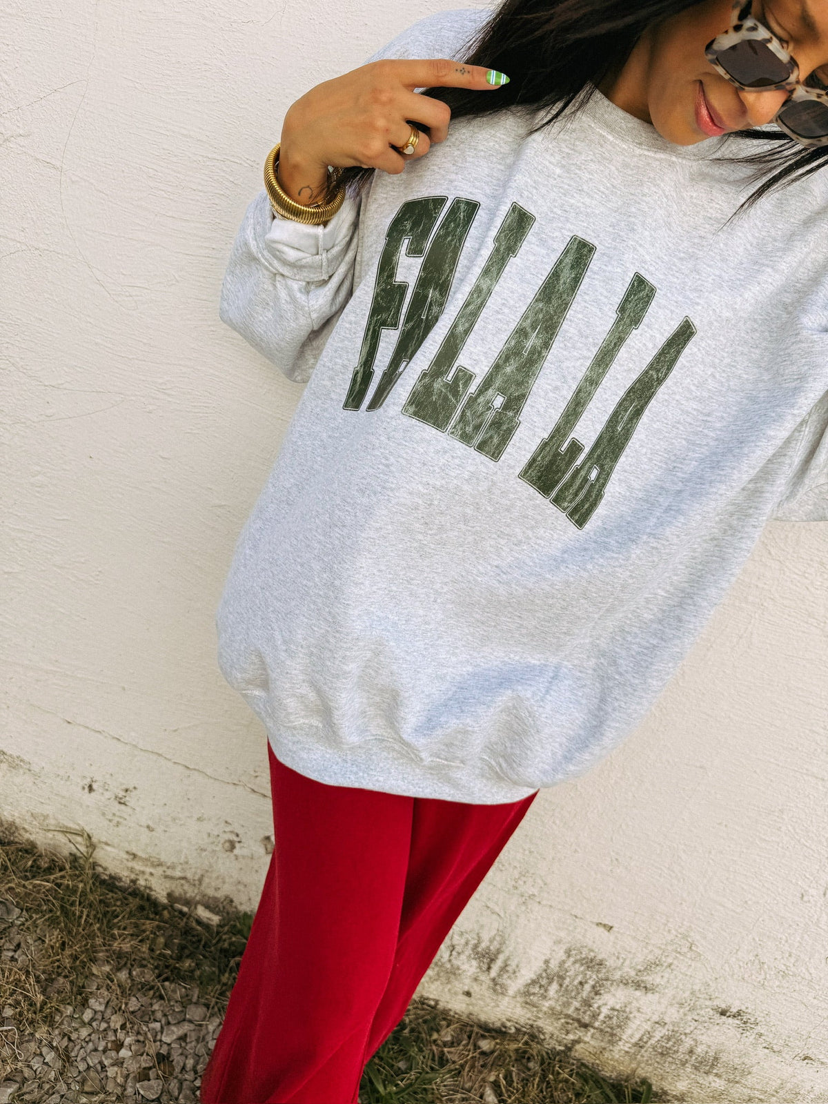 Distressed Fa La La Sweatshirt - Ash / Green 3
