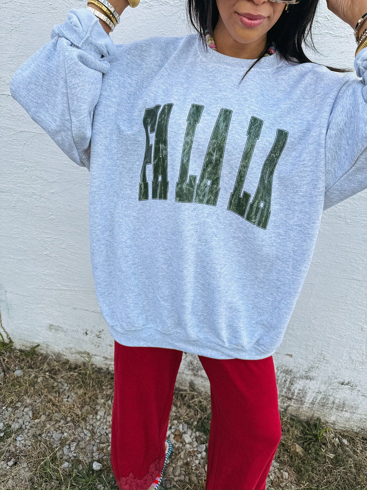 Distressed Fa La La Sweatshirt - Ash / Green 2