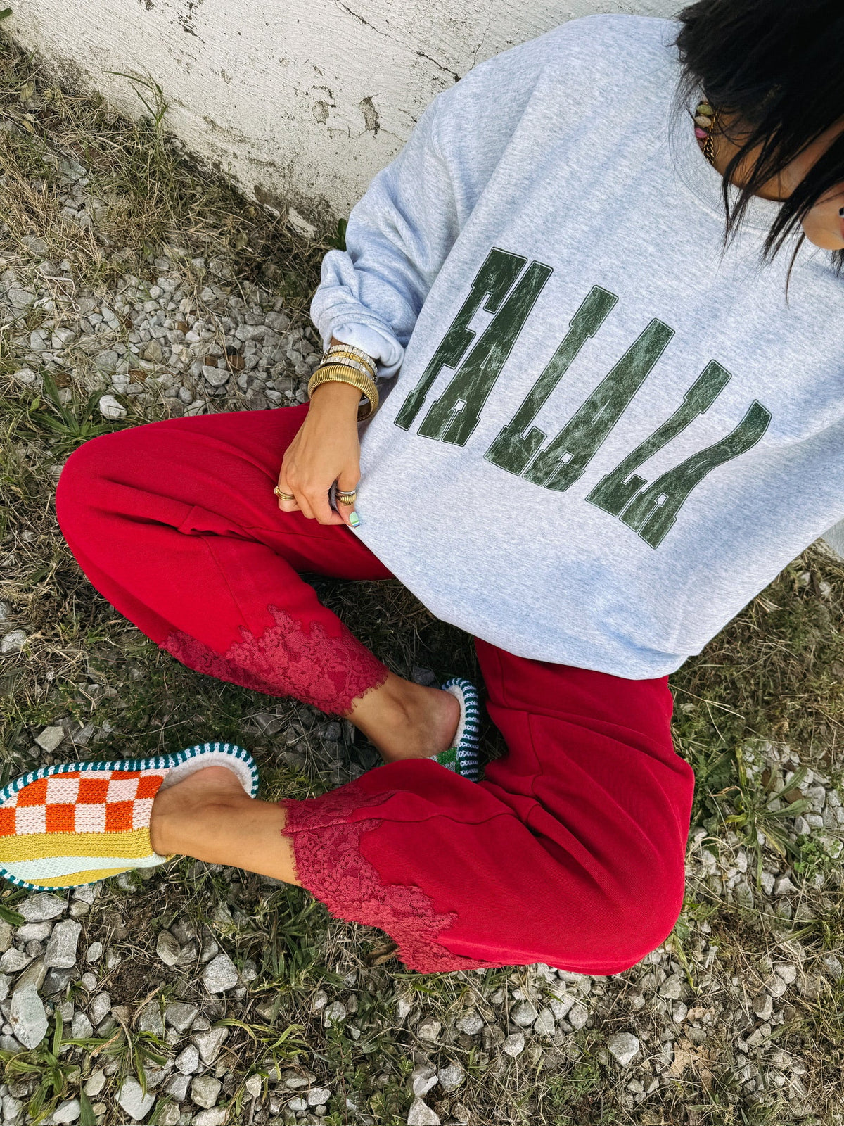 Distressed Fa La La Sweatshirt - Ash / Green