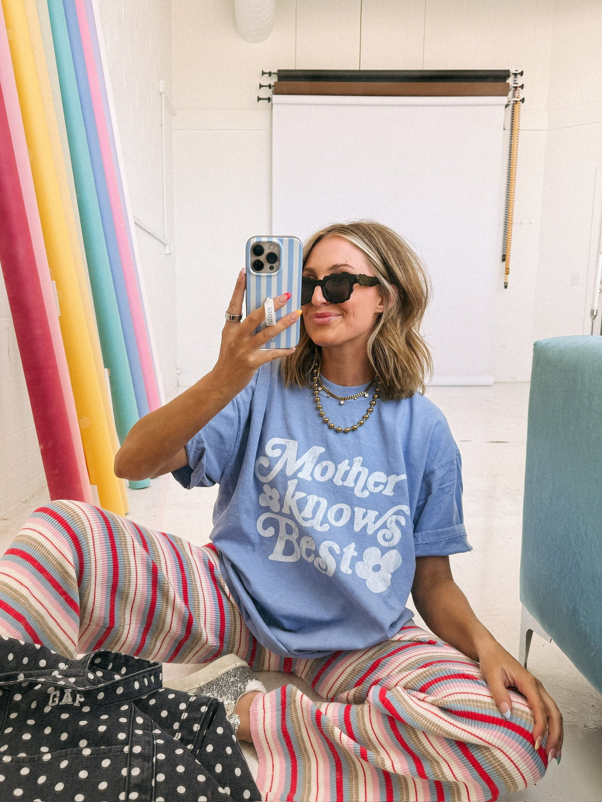 Mother Knows Best Graphic Tee - Denim / White