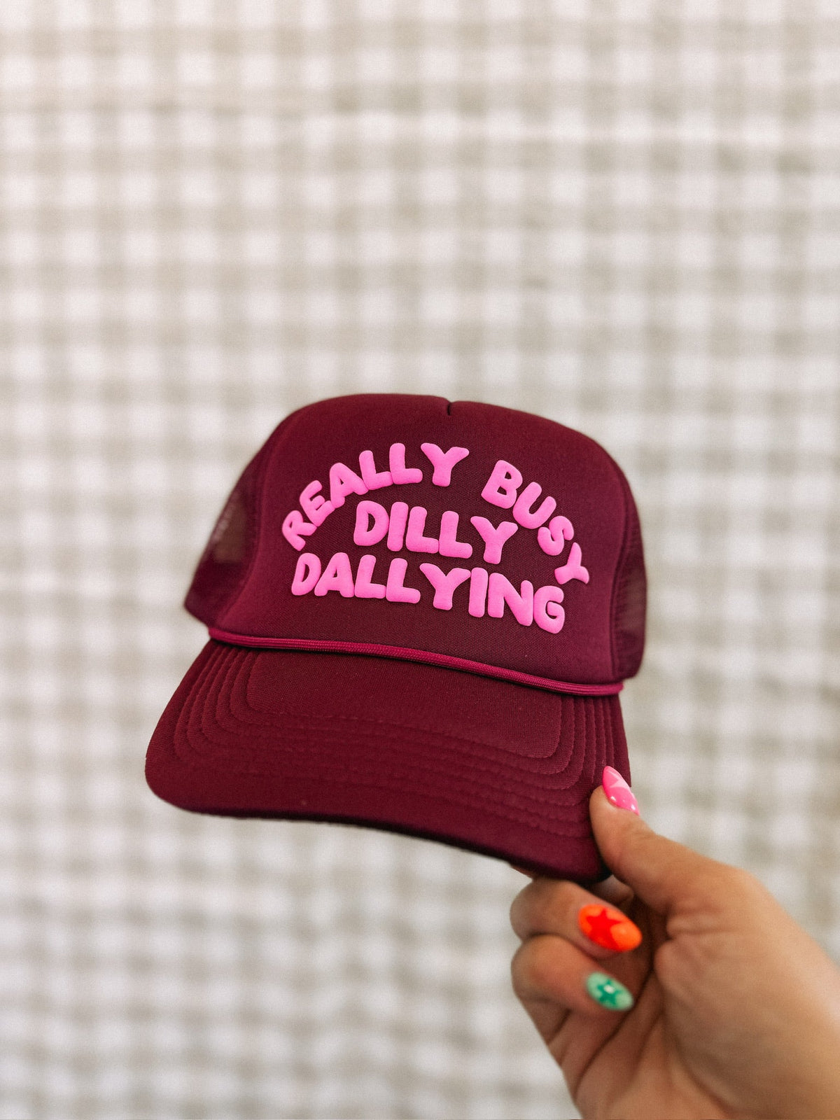 Dilly Dally Trucker Hat - Burgundy / Pink