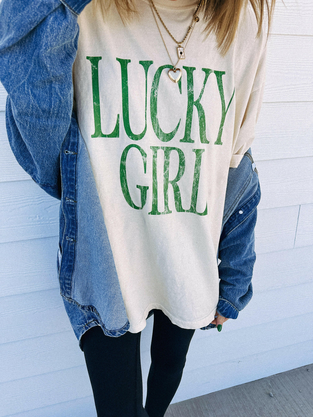 Lucky Girl Graphic Tee - Ivory / Green