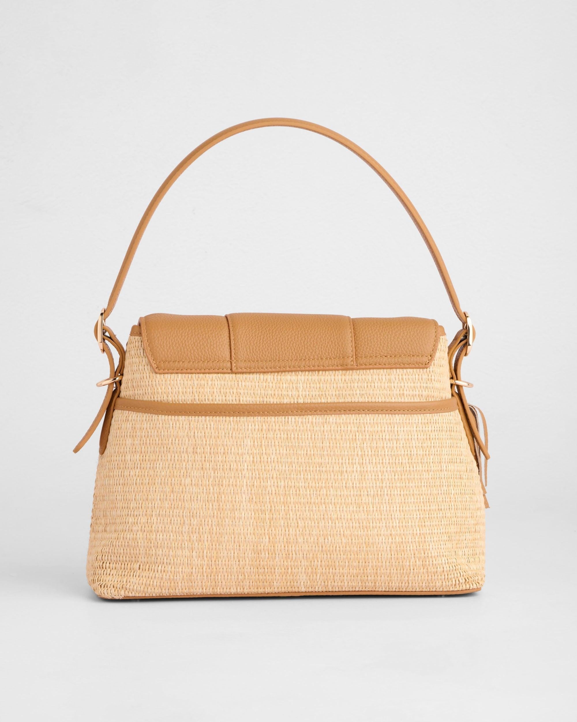 Pom Pom London Strand Raffia & Leather Bag Maple