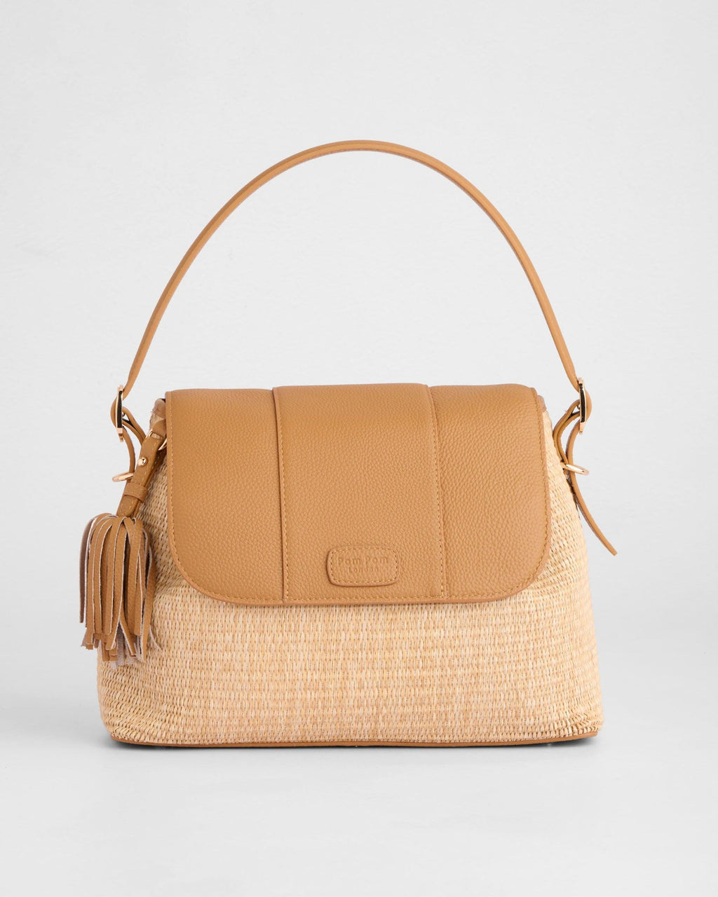 Pom Pom London Strand Raffia & Leather Bag Maple