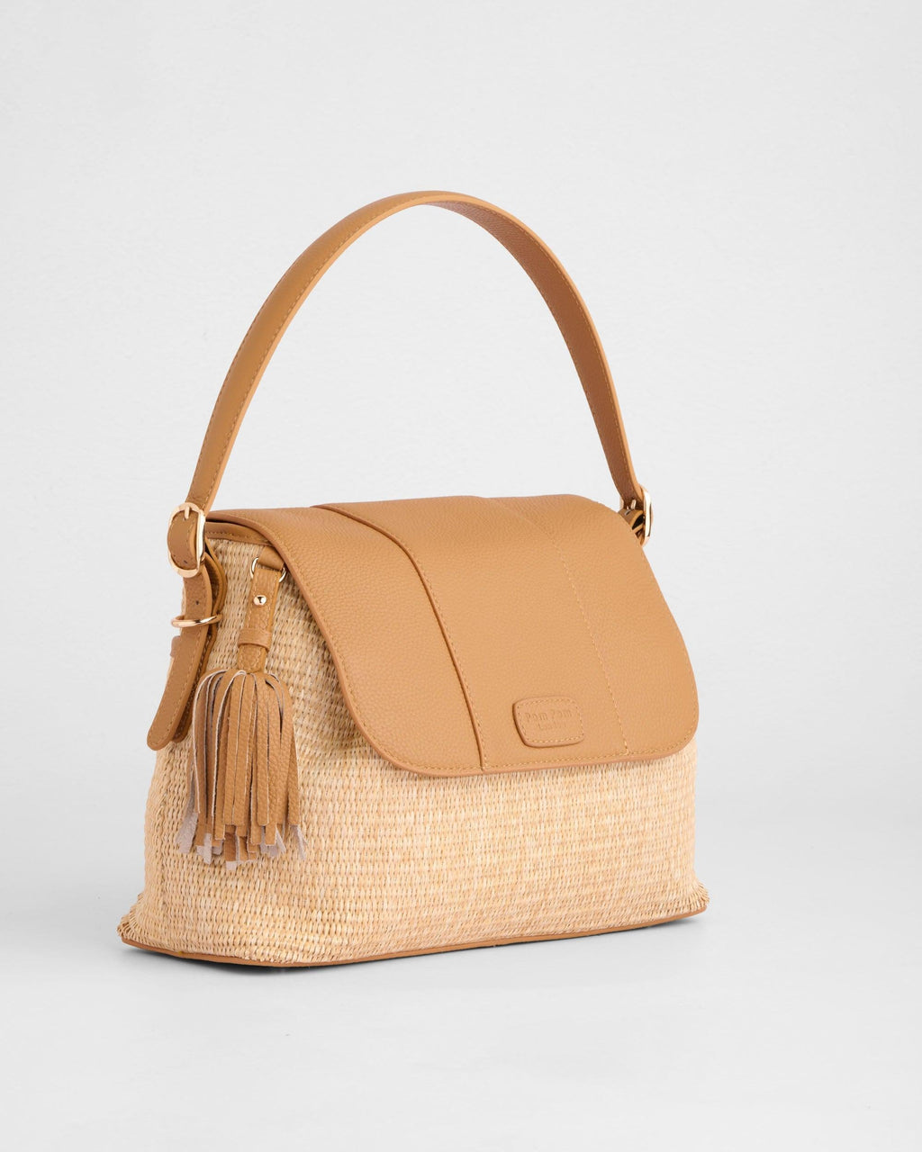 Pom Pom London Strand Raffia & Leather Bag Maple