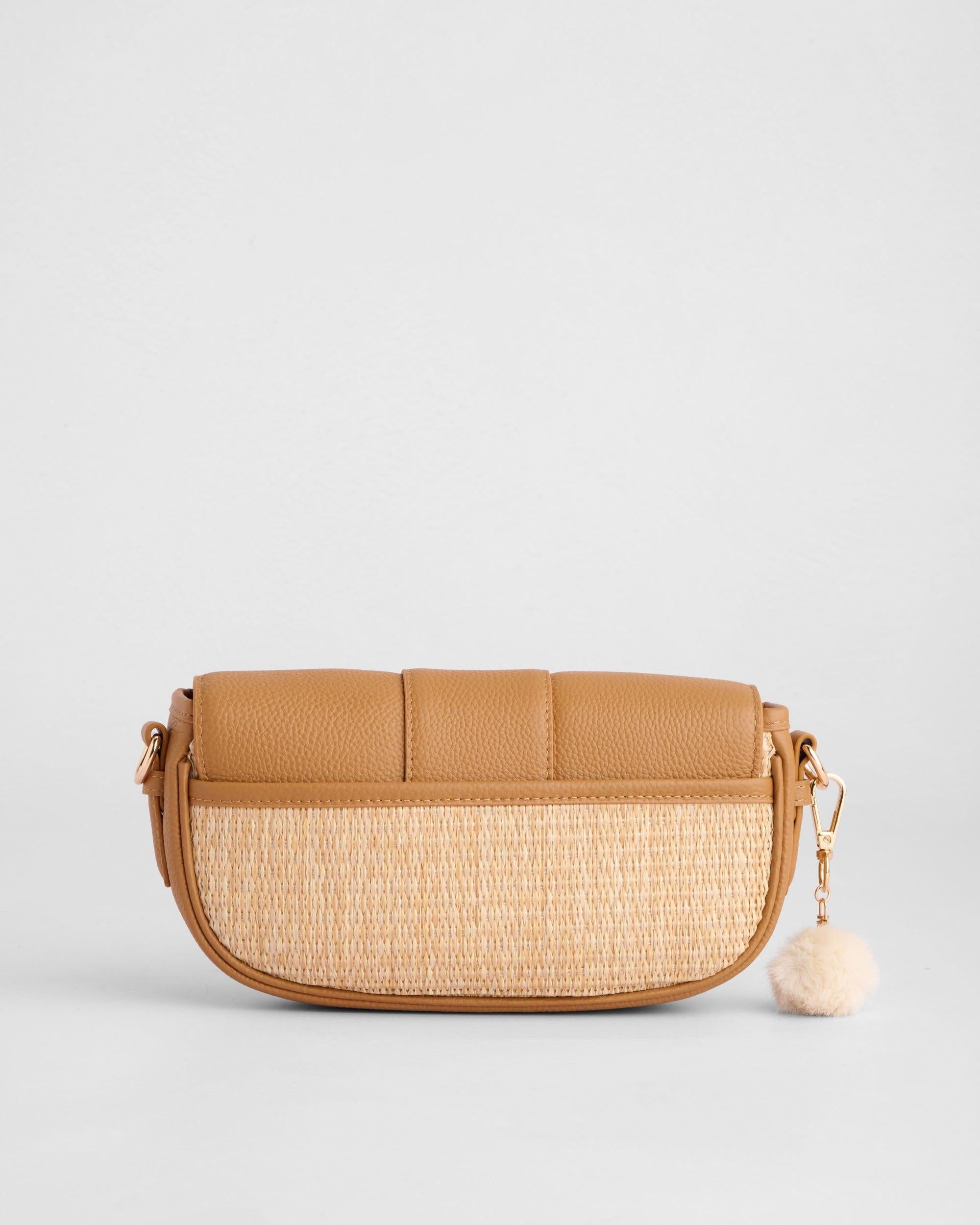 Pom Pom London Wilmington Mini Raffia & Leather Bag Maple
