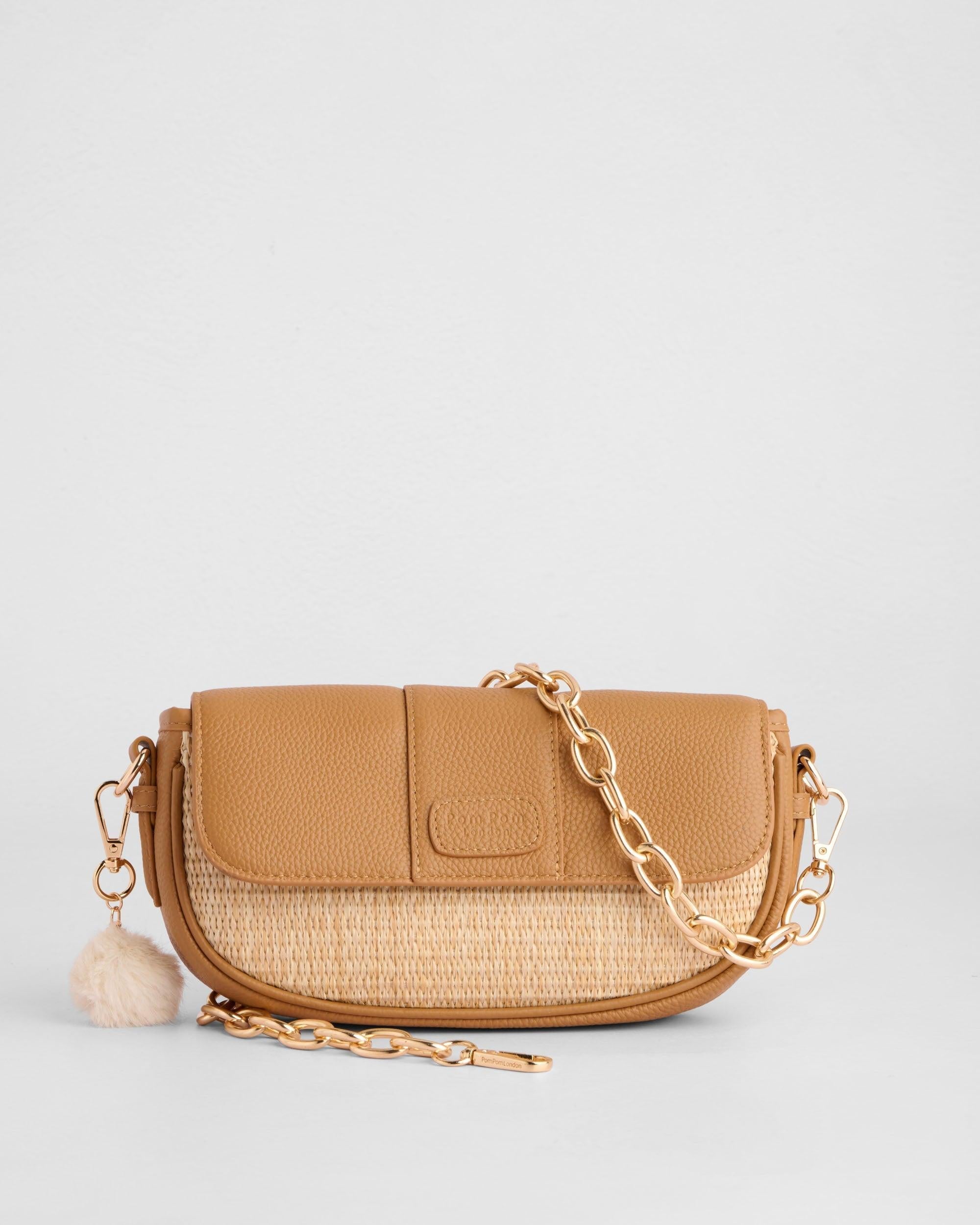 Pom Pom London Wilmington Mini Raffia & Leather Bag Maple