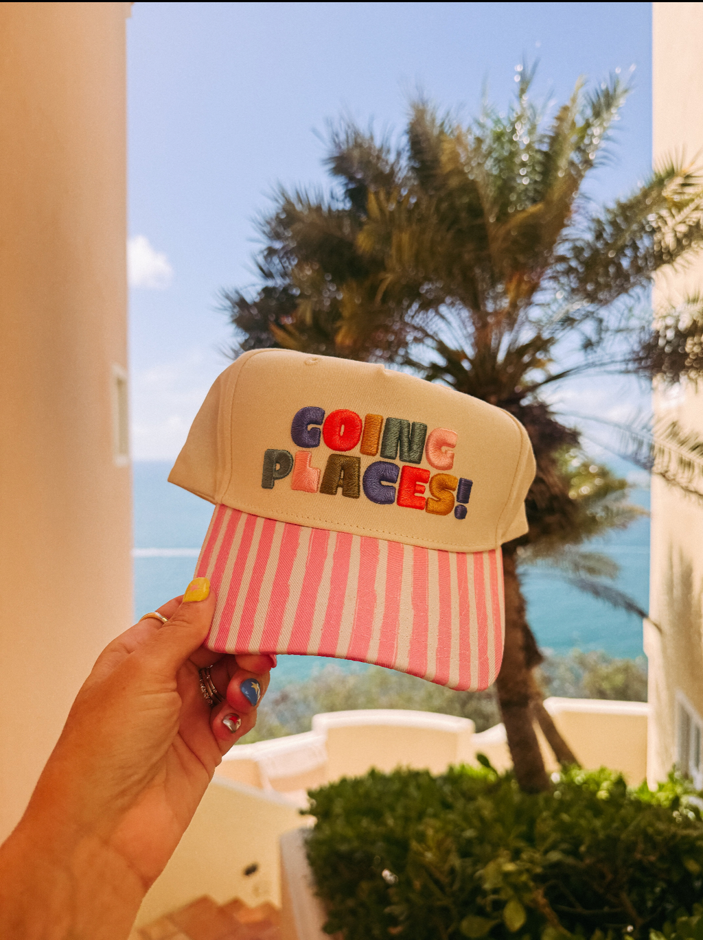 Going Places! Trucker Hat - Pink Stripe